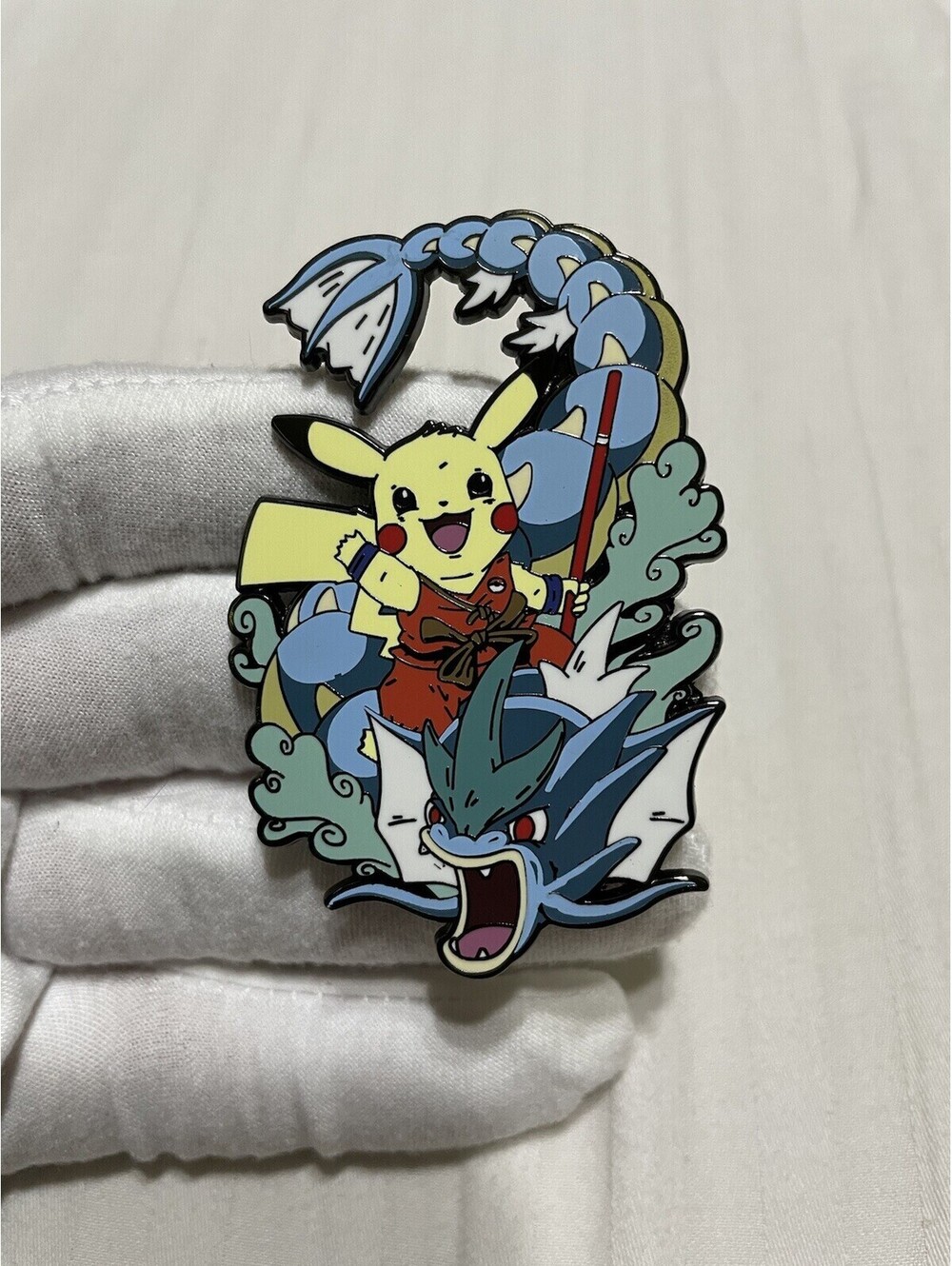 Pokemon Fisherman Pikachu as goku with gyarados enamel pin brooch anime cartoon